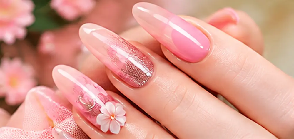 Cận cảnh đôi tay với móng ngắn gọn gàng sơn hồng sữa bóng, đặt trên nền vải trắng và hoa hồng nhạt
