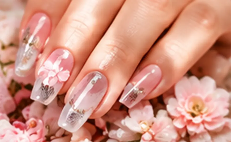 Móng hồng thạch với họa tiết giọt nước trong suốt nổi 3D, cận cảnh dưới ánh sáng tự nhiên